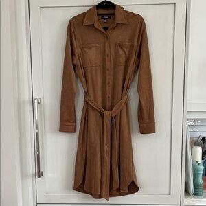 Chaps light brown faux suede Long Sleeve belted Shirt Dress